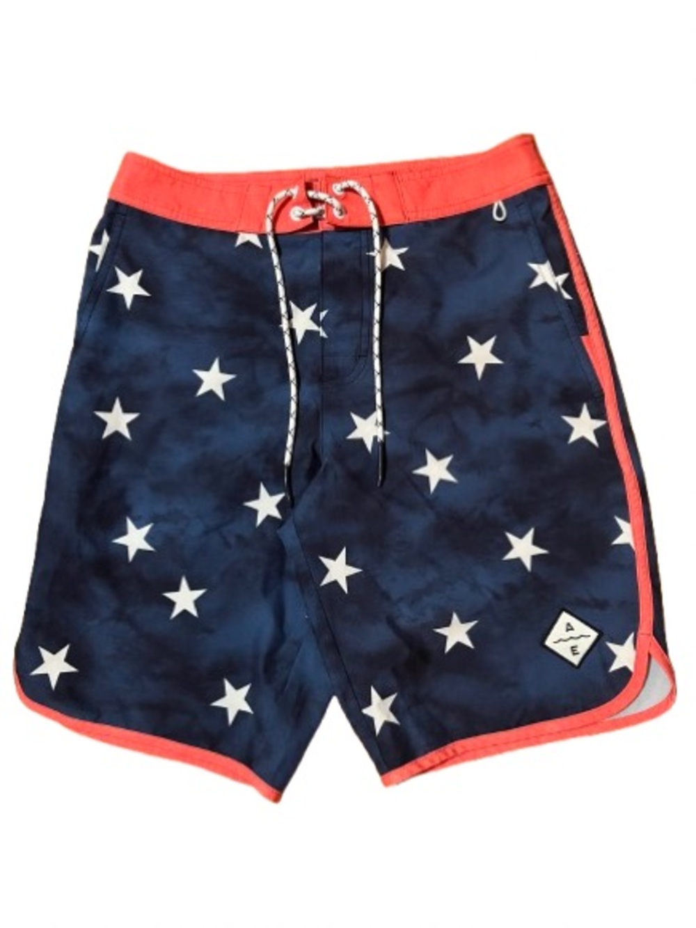 American Eagle Outfitters Flex Navy Star Print Swim Trunks Coral Trim Size XS